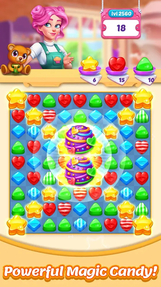 Bonbons Crush Legend order counter above a jelly board with a special sweet detonating in the centre