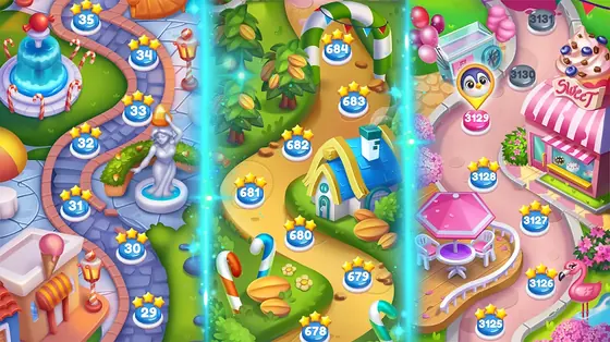Bonbons Crush Legend illustrated route map with numbered stages winding past a cake house