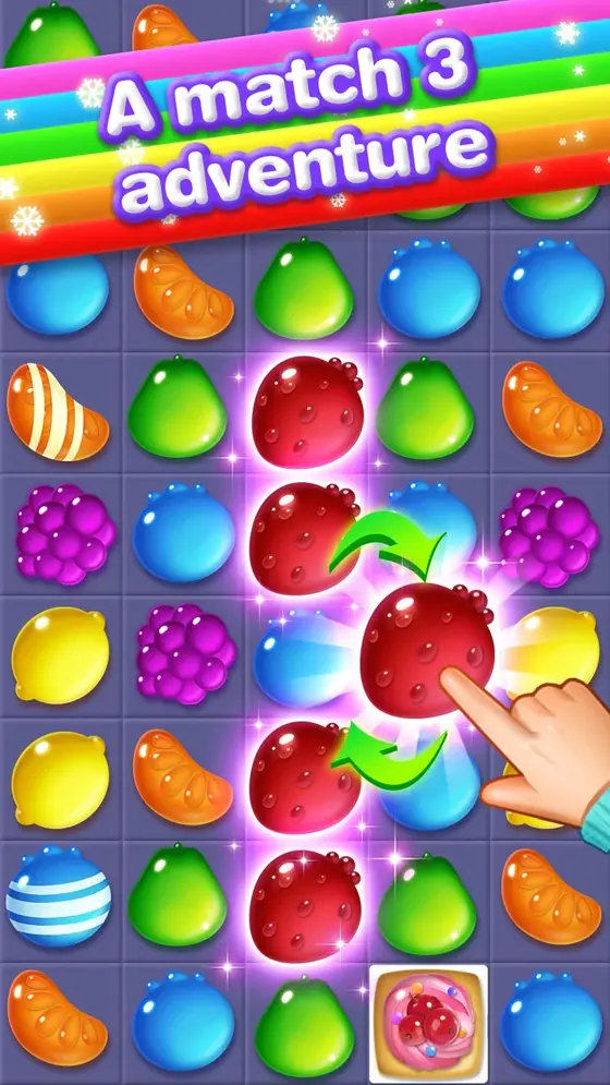 Candy Crack Mania board showing a guided swap between two red sweets on a dense grid