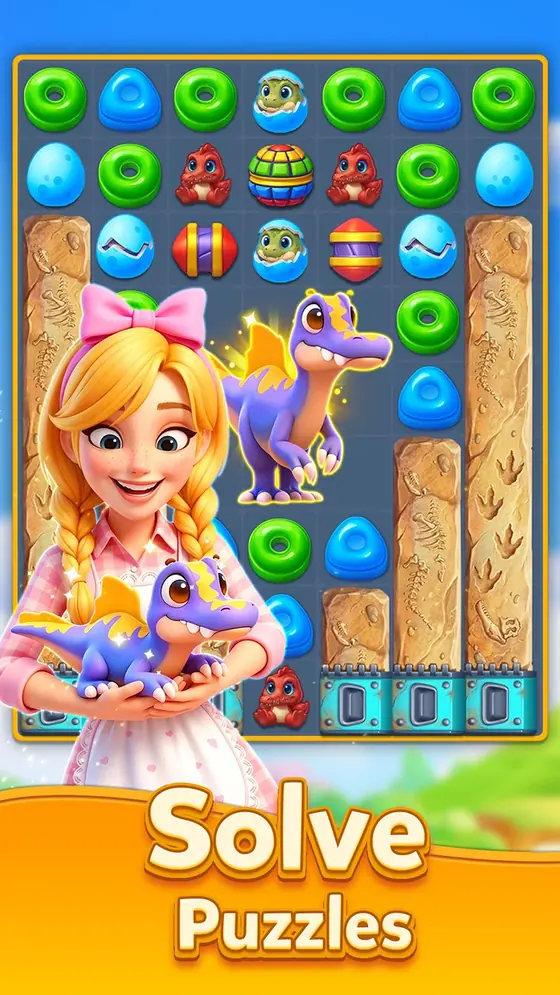 Candy Smash Mania 2 stage with a goal list above a sweets grid and a dinosaur companion
