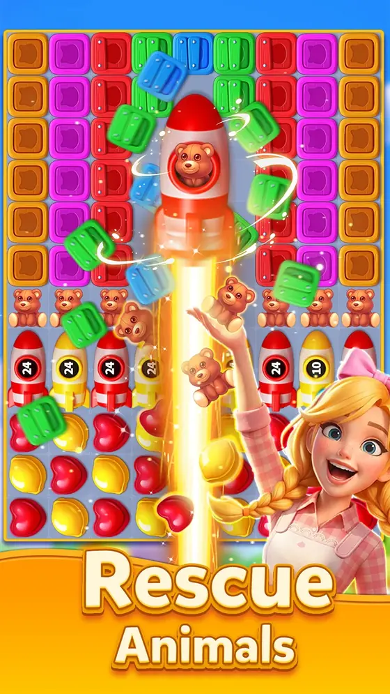 Candy Smash Mania 2 rocket booster clearing a column of blocks in an animal rescue stage